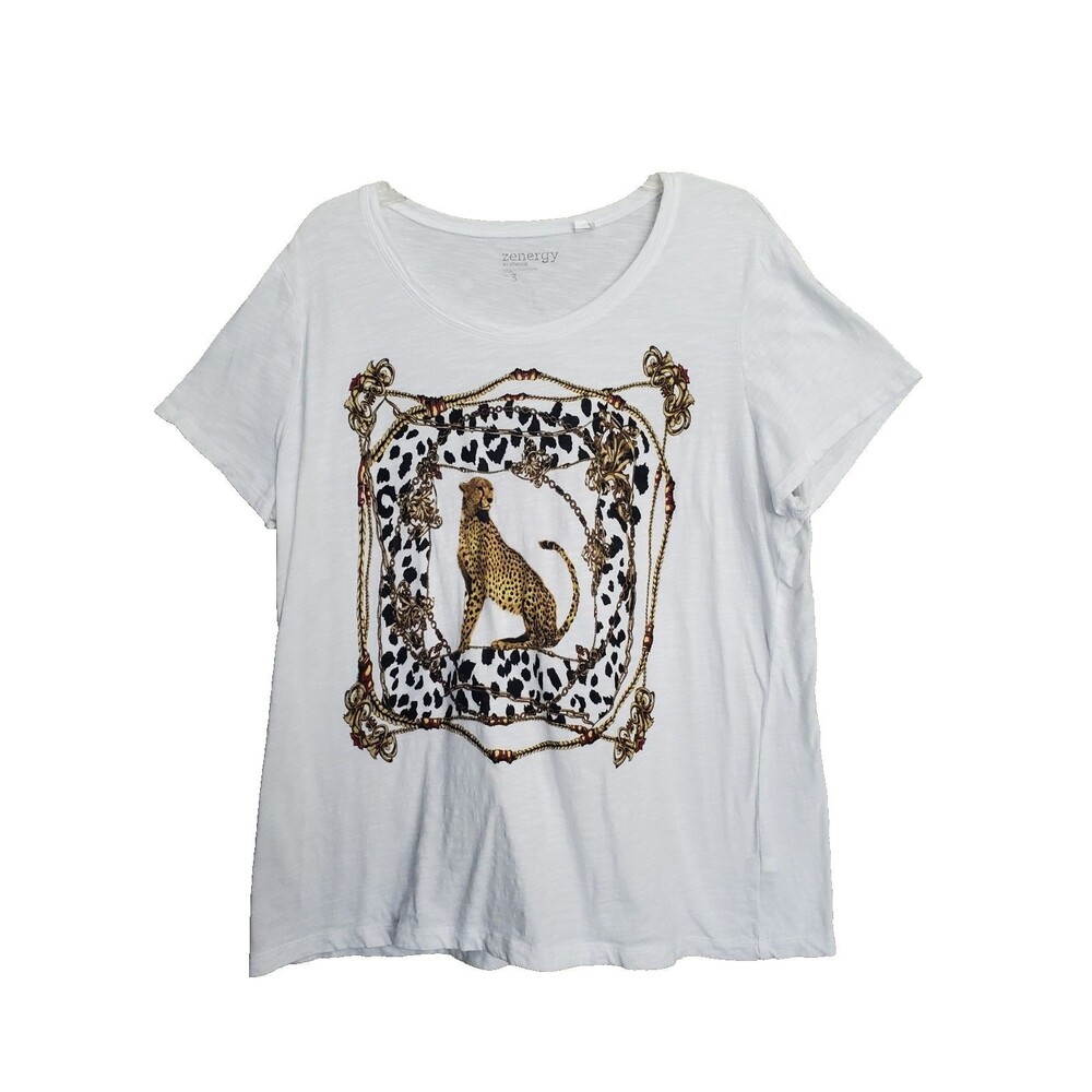 Chico's Zenergy Leopard Chain Scarf Print Short Sleeve T-Shirt Size 3 (XL)